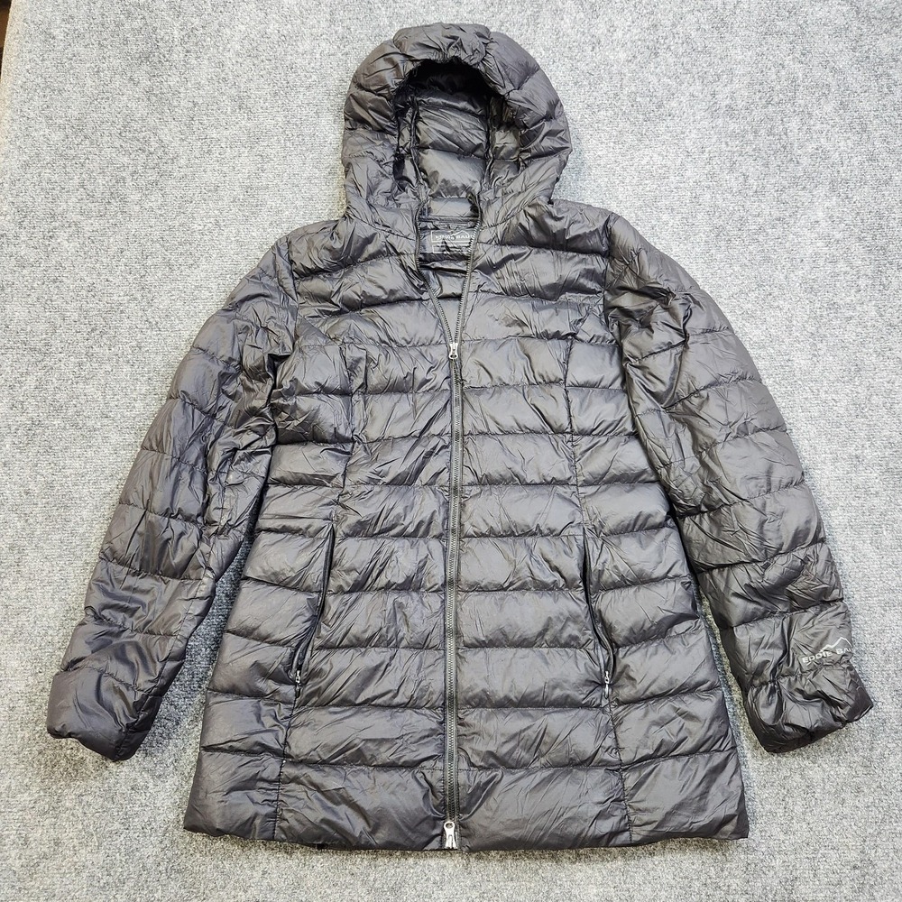 Eddie Bauer Down Coat Womens Medium Black Hooded‎ Quilted Long Puffer Jacket
